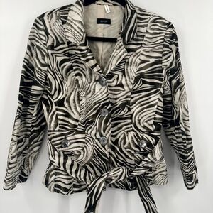 Basler Blazer Jacket Women's 38 Multi Animal Print Waist Tie Collar Button Front